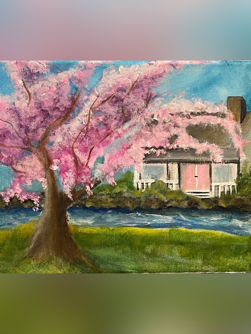 Original hand painted landscape, pink vintage house wall art